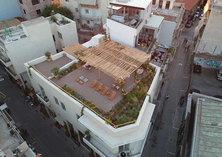 hotels roof garden from drone